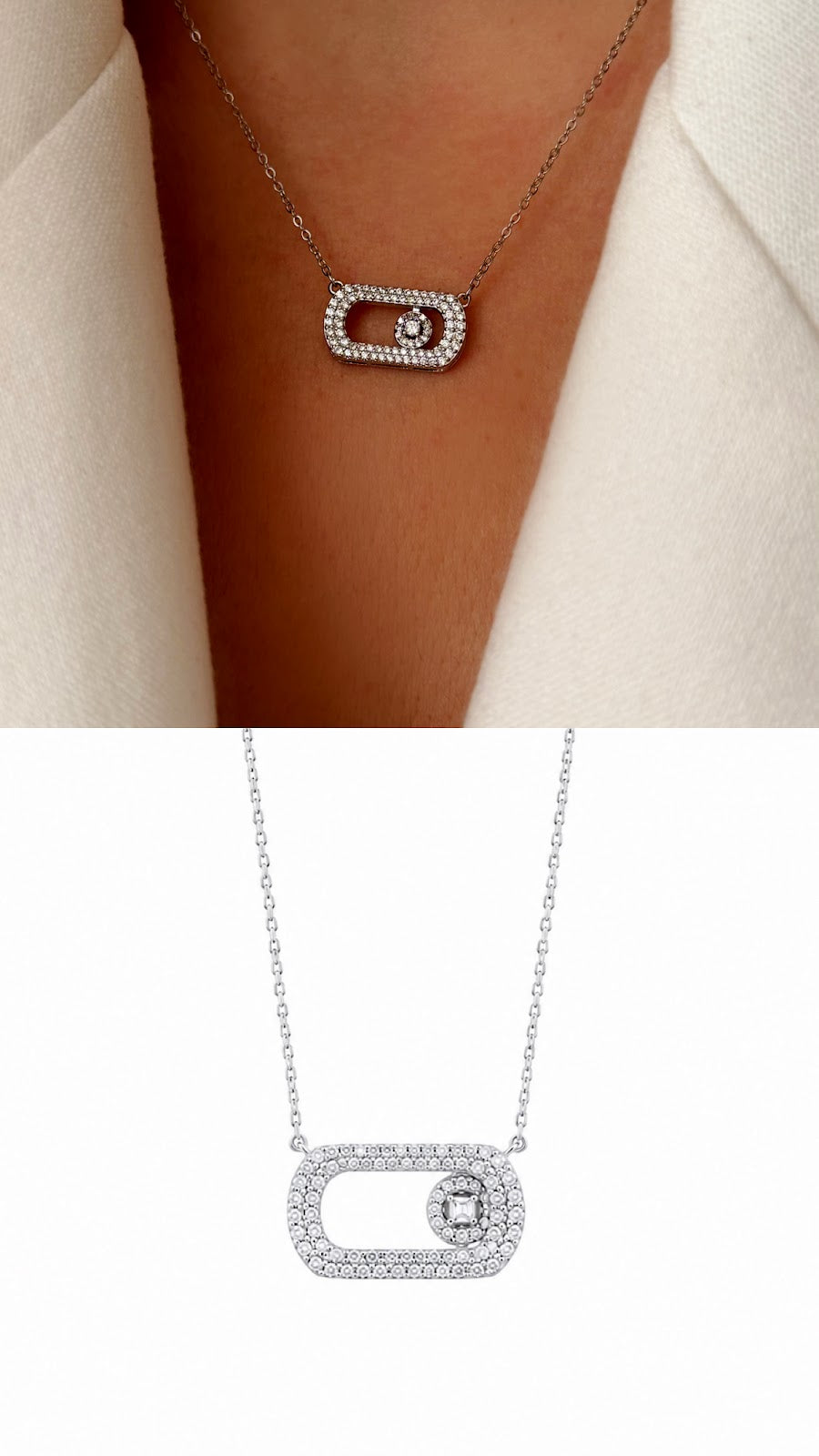 Silver CZ Pave Horizontal Oval Move Motif Pendant Necklace - CW1NKL0055 | Wholesale Stainless Steel Jewelry Catwalk Jewellery Europe