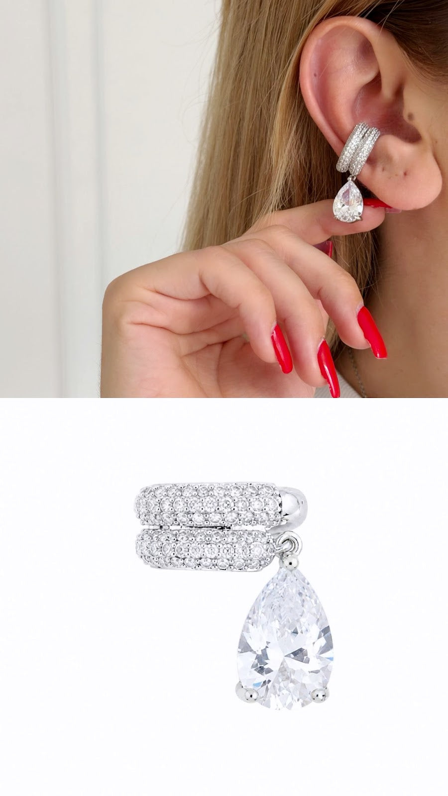 Silver Color 18K Gold Plated Stainless Steel Pave Pear Cut CZ Dangle Ear Cuff Wholesale - CW1EARCUFF00168 | Wholesale Stainless Steel Jewelry Catwalk Jewellery Europe