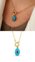 Gold Turquoise Enamel Oval Ruby CZ Spring Ring Necklace - CW1NKL0074 | Wholesale Stainless Steel Jewelry Catwalk Jewellery Europe