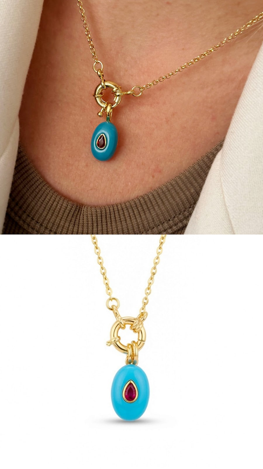 Gold Turquoise Enamel Oval Ruby CZ Spring Ring Necklace - CW1NKL0074 | Wholesale Stainless Steel Jewelry Catwalk Jewellery Europe