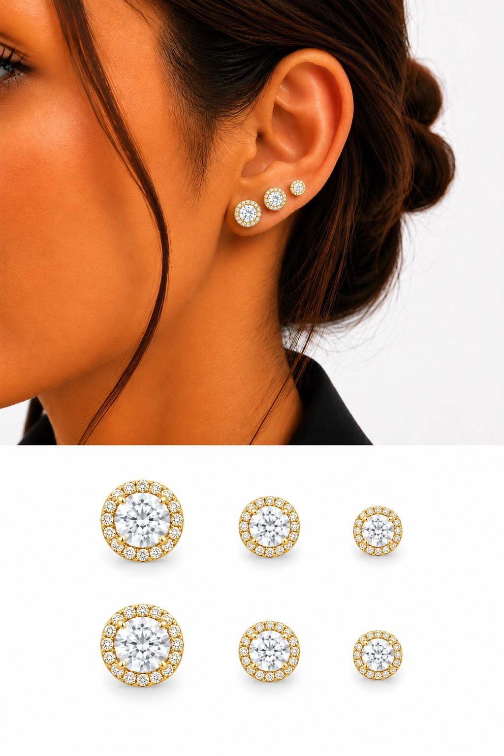 Gold CZ Pave Round Cut Halo Graduated Stud Earring Set Of 3 - CW1VPEARNG00301 | Wholesale Stainless Steel Jewelry Catwalk Jewellery Europe