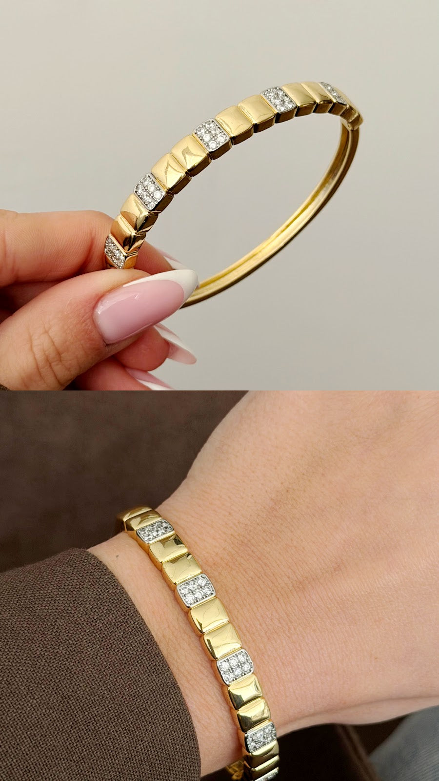 Gold CZ Pave Block Cushion Tile Hinged Cuff Bangle - CW1CUFF0040 | Wholesale Stainless Steel Jewelry Catwalk Jewellery Europe