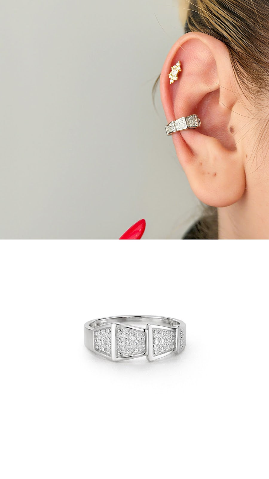 Silver CZ Pave Geometric Shield Band Ear Cuff - CW1EARCUFF00114 | Wholesale Stainless Steel Jewelry Catwalk Jewellery Europe