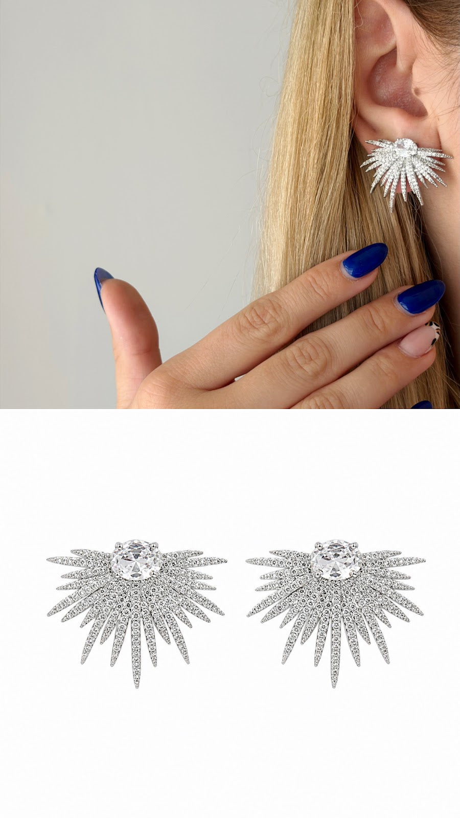 Silver CZ Pave Sunburst Celestial Fan Statement Earrings - CW1STEAR0022 | Wholesale Stainless Steel Jewelry Catwalk Jewellery Europe