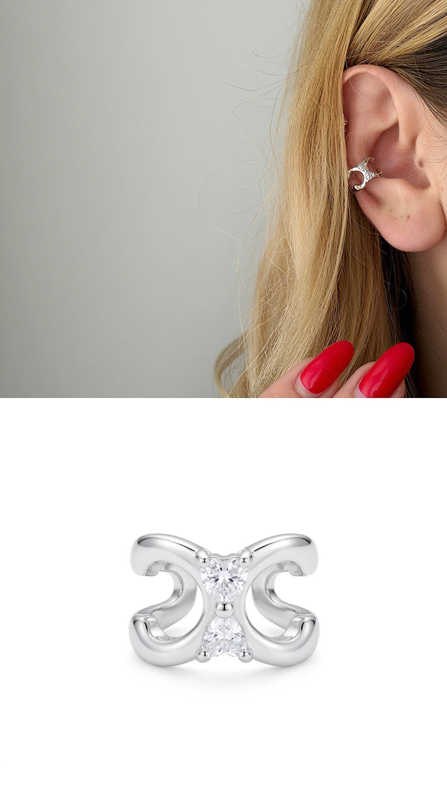 Silver Double Heart CZ Hourglass Ear Cuff - CW1EARCUFF0098 | Wholesale Stainless Steel Jewelry Catwalk Jewellery Europe