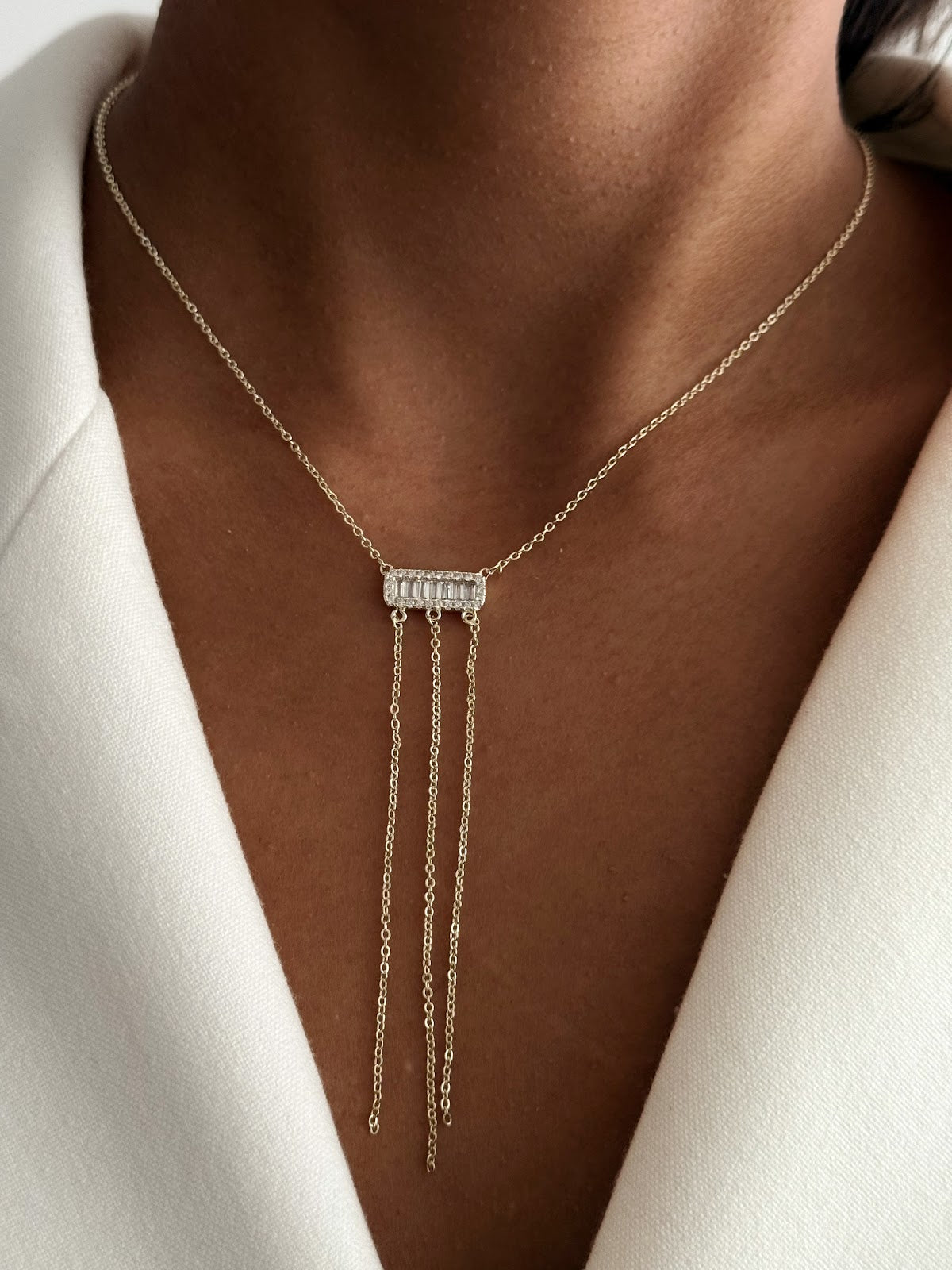 Gold Baguette CZ Pave Multi Chain Fringe Y Necklace - CW1YNECKLACE002 | Wholesale Stainless Steel Jewelry Catwalk Jewellery Europe