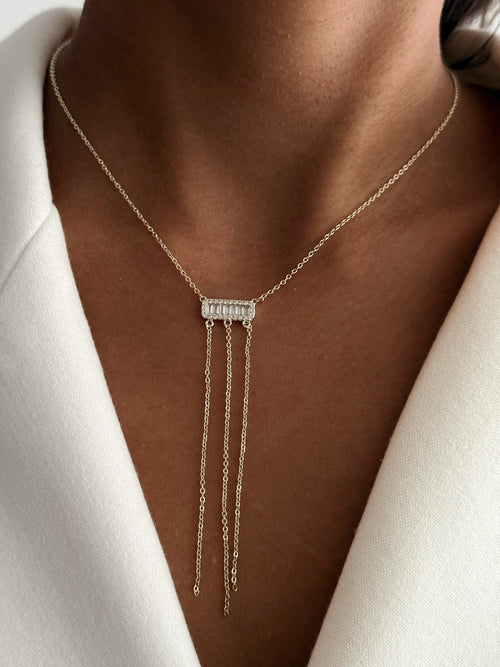 Gold Baguette CZ Pave Multi Chain Fringe Y Necklace - CW1YNECKLACE002 | Wholesale Stainless Steel Jewelry Catwalk Jewellery Europe