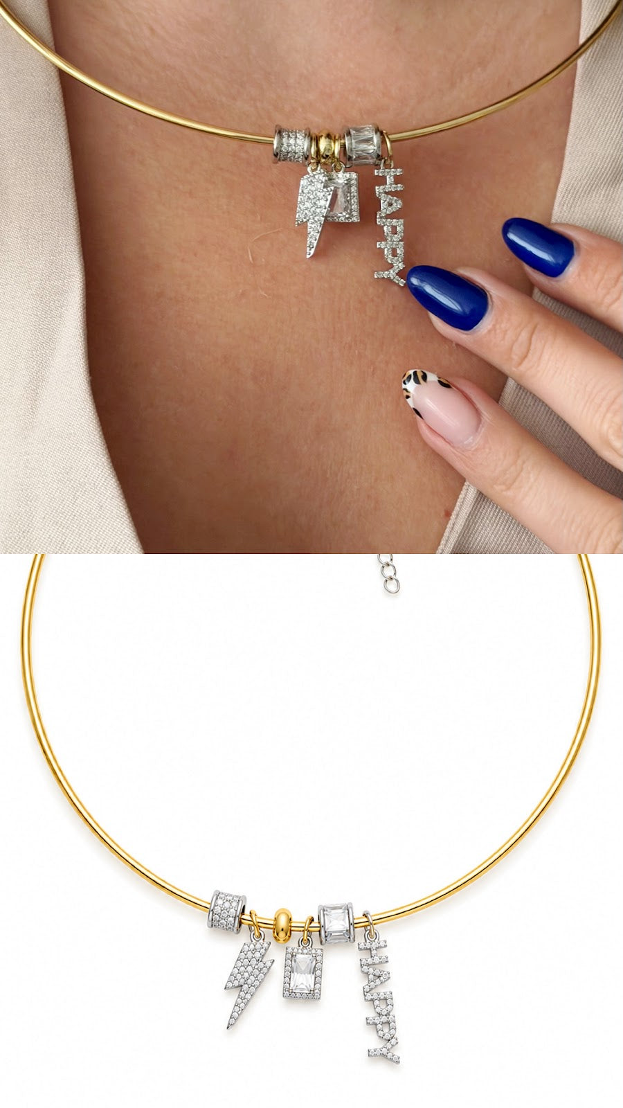 Gold CZ Pave Multi Charm Happy Lightning Bolt Torque Choker Collar Necklace - CW1NKL00113 | Wholesale Stainless Steel Jewelry Catwalk Jewellery Europe
