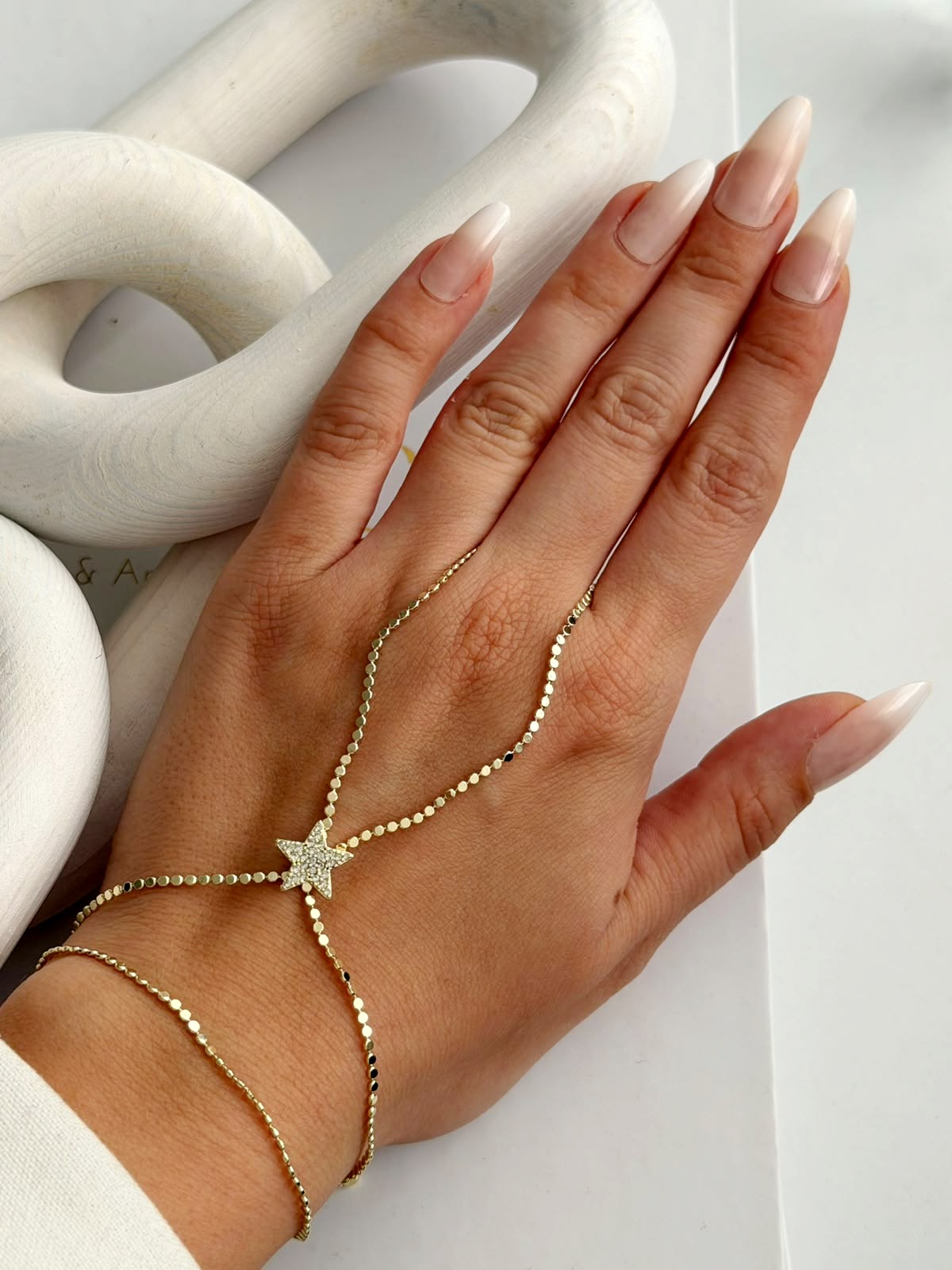 Gold CZ Pave Star Flat Disc Chain Hand Chain - CW1HANDCHAIN0016 | Wholesale Stainless Steel Jewelry Catwalk Jewellery Europe