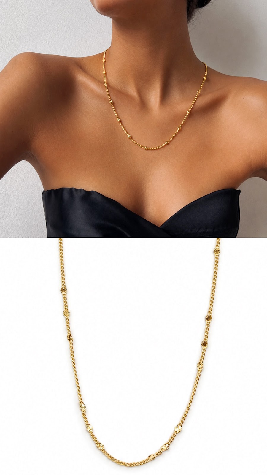 Gold Beaded Station Curb Chain Necklace - CW1NKL0013 | Wholesale Stainless Steel Jewelry Catwalk Jewellery Europe