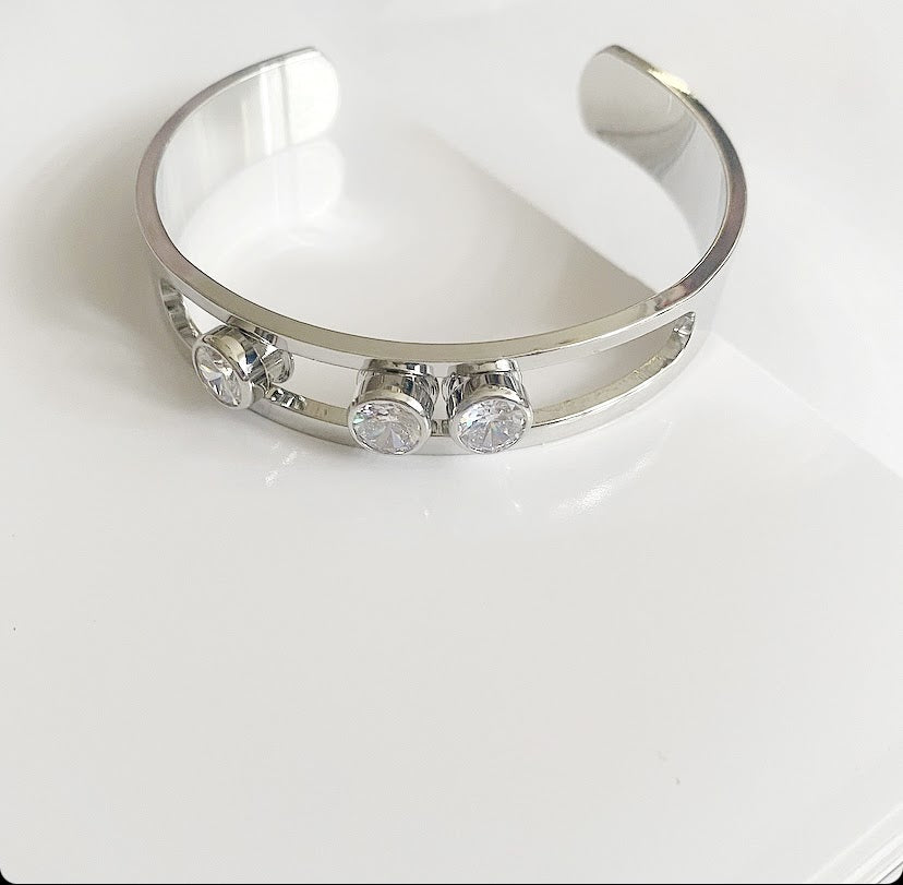 Silver Messika Style Three Moving CZ Bezel Open Cuff Bangle - CW1CUFF001 | Wholesale Stainless Steel Jewelry Catwalk Jewellery Europe