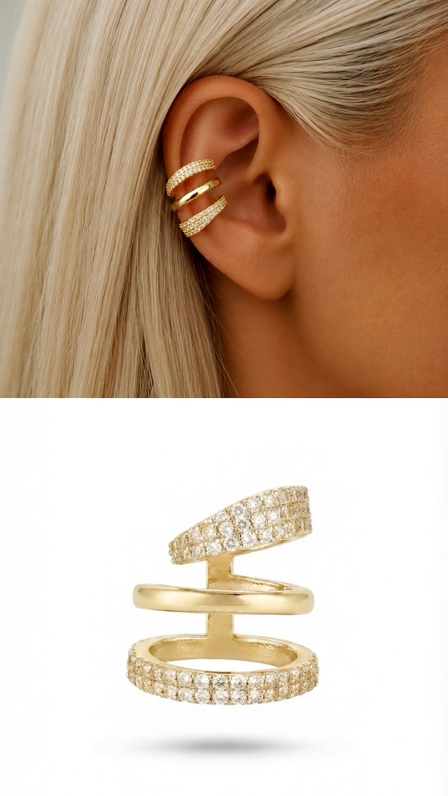 Gold CZ Pave Three Band Chunky Ear Cuff - CW1EARCUFF00151 | Wholesale Stainless Steel Jewelry Catwalk Jewellery Europe