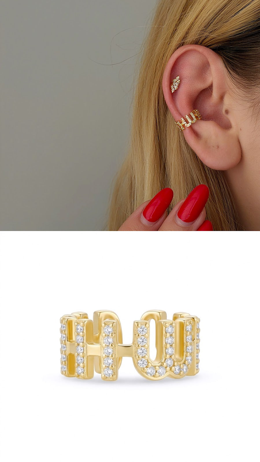 Gold CZ Pave Letter Initial Wide Ear Cuff - CW1EARCUFF0074 | Wholesale Stainless Steel Jewelry Catwalk Jewellery Europe