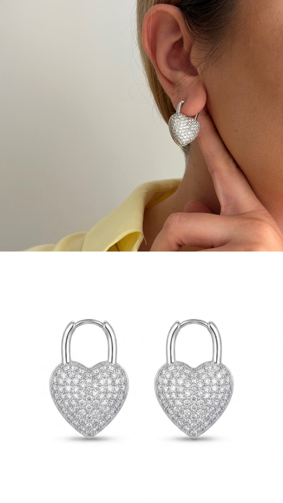 Silver CZ Pave Heart Padlock Huggie Hoop Statement Earrings - CW1VPEARNG00289 | Wholesale Stainless Steel Jewelry Catwalk Jewellery Europe