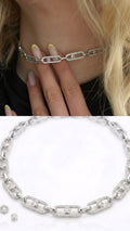 Silver CZ Pave Move Motif Link Chain Choker Necklace - CW1NKL00107 | Wholesale Stainless Steel Jewelry Catwalk Jewellery Europe