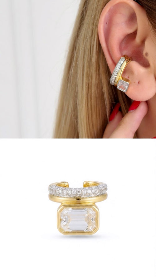 18K Gold Plated Stainless Steel Pave Emerald Cut CZ Ear Cuff Wholesale - CW1EARCUFF00167 | Wholesale Stainless Steel Jewelry Catwalk Jewellery Europe