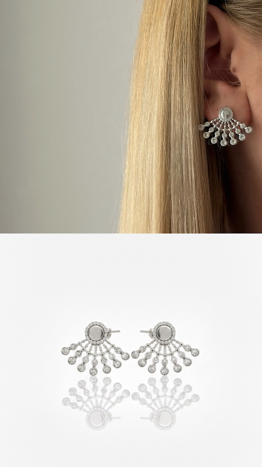 Silver CZ Pave Sunburst Fan Ear Jacket Earrings - CW1VPEARNG00243 | Wholesale Stainless Steel Jewelry Catwalk Jewellery Europe