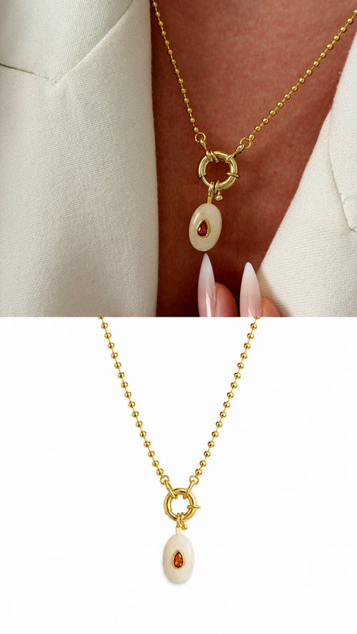 18K Gold Plated Stainless Steel Cream Resin Red CZ Mariner Clasp Ball Chain Necklace Wholesale - CW1NKL00166 | Wholesale Stainless Steel Jewelry Catwalk Jewellery Europe