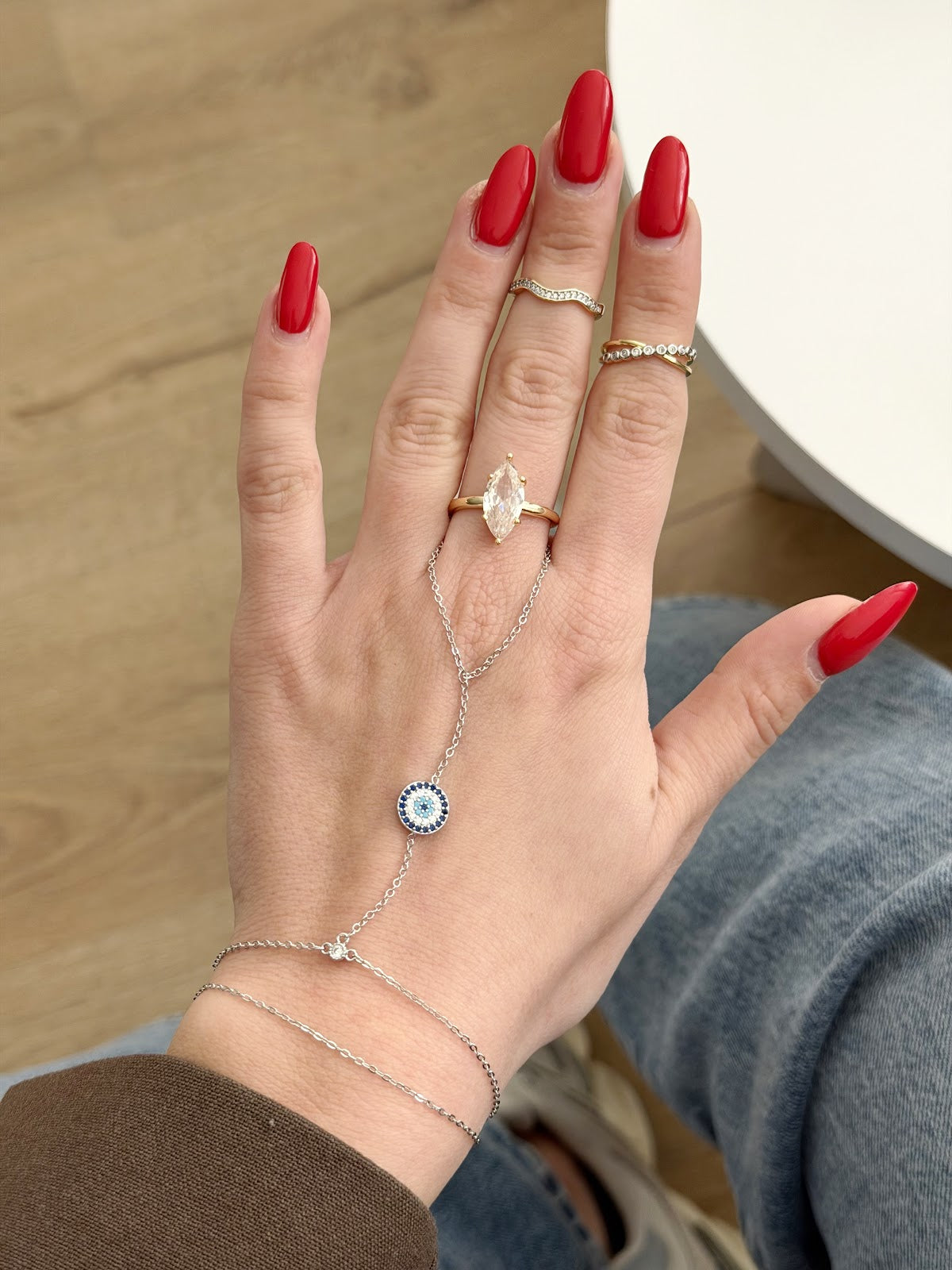 Silver CZ Pave Round Evil Eye Hand Chain - CW1HANDCHAIN0099 | Wholesale Stainless Steel Jewelry Catwalk Jewellery Europe