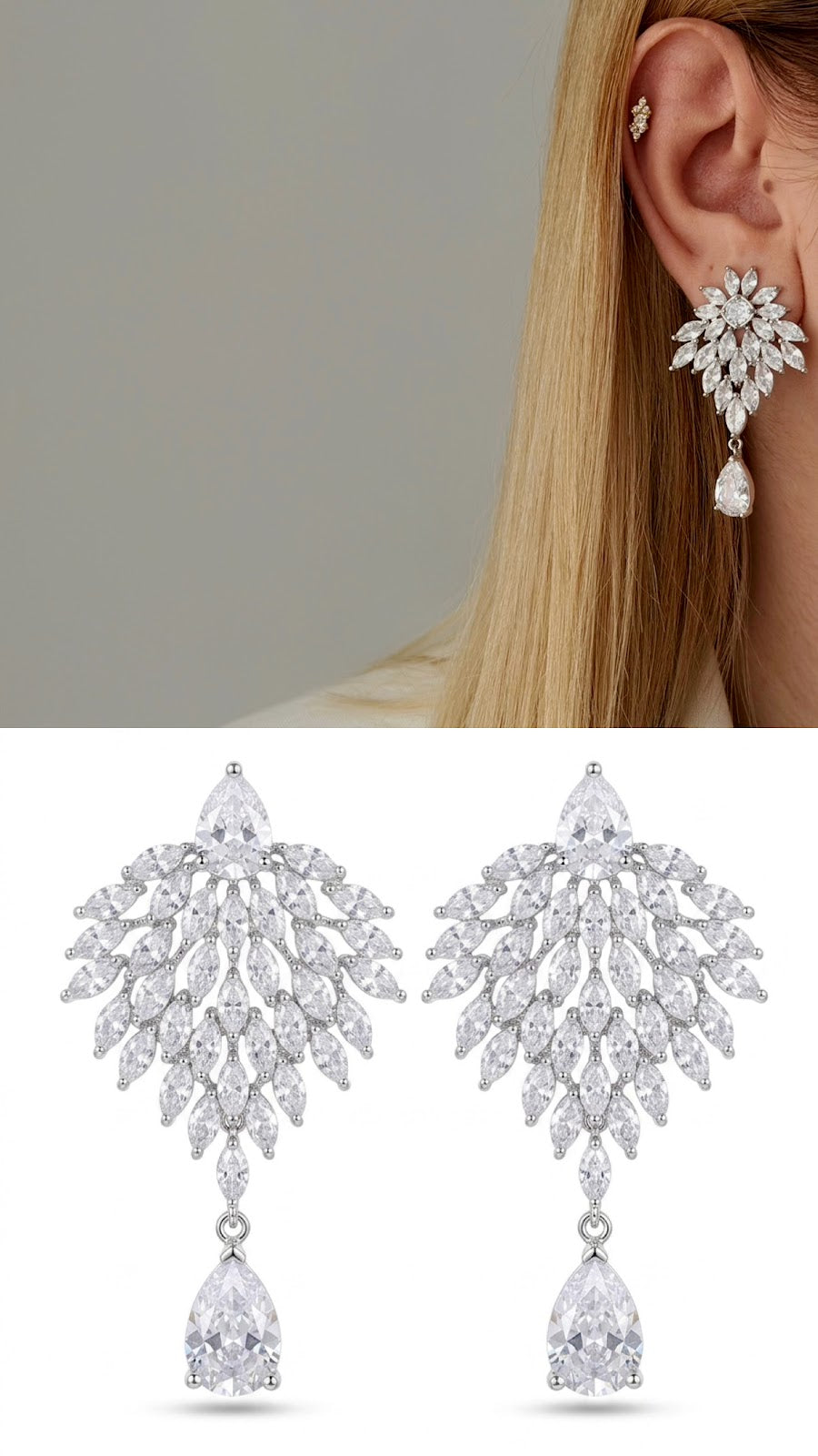 Silver CZ Marquise Cluster Leaf Teardrop Statement Earrings - CW1STEAR0010 | Wholesale Stainless Steel Jewelry Catwalk Jewellery Europe