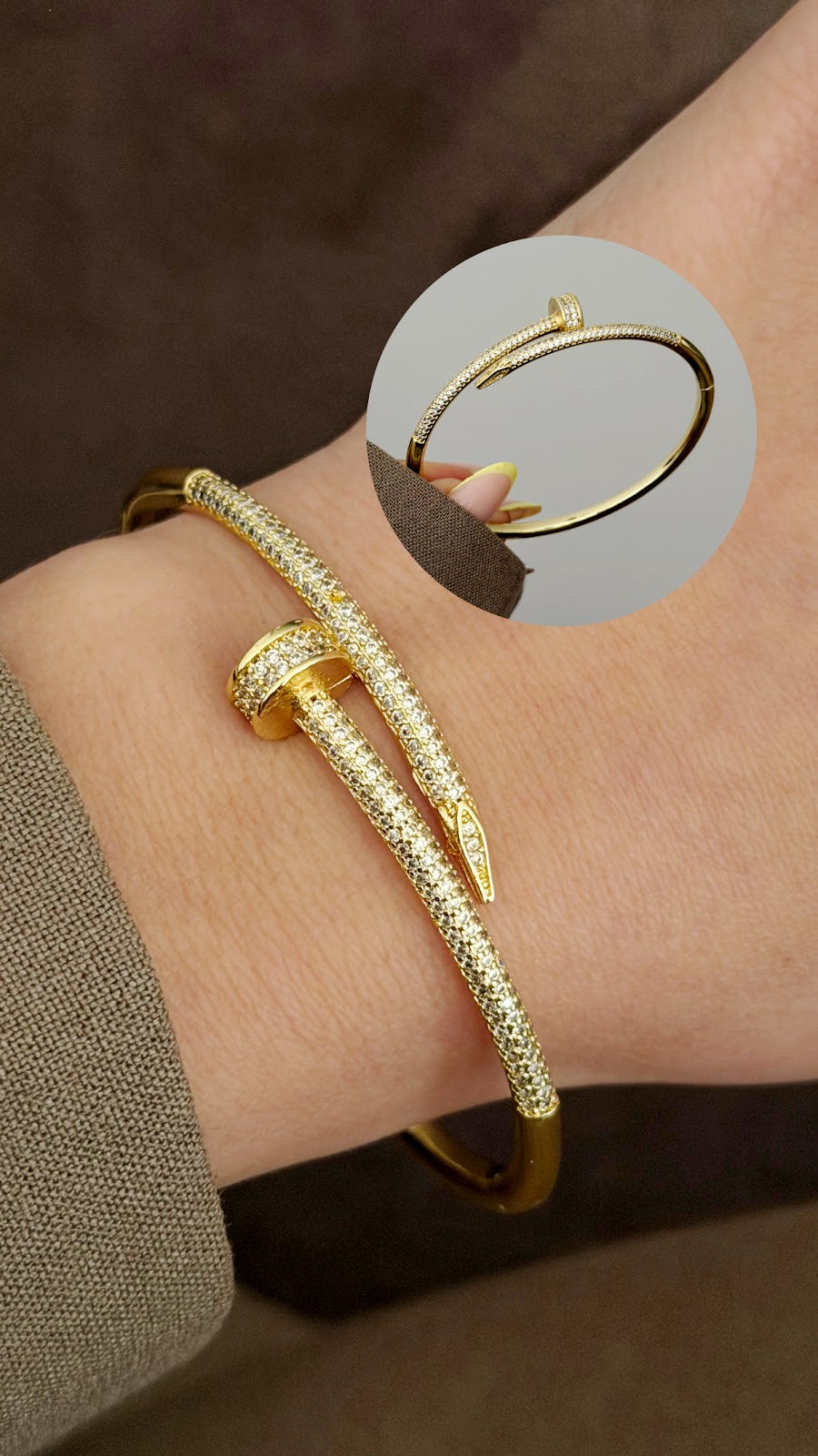 Gold CZ Pave Nail Motif Hinged Cuff Bangle - CW1CUFF0045 | Wholesale Stainless Steel Jewelry Catwalk Jewellery Europe