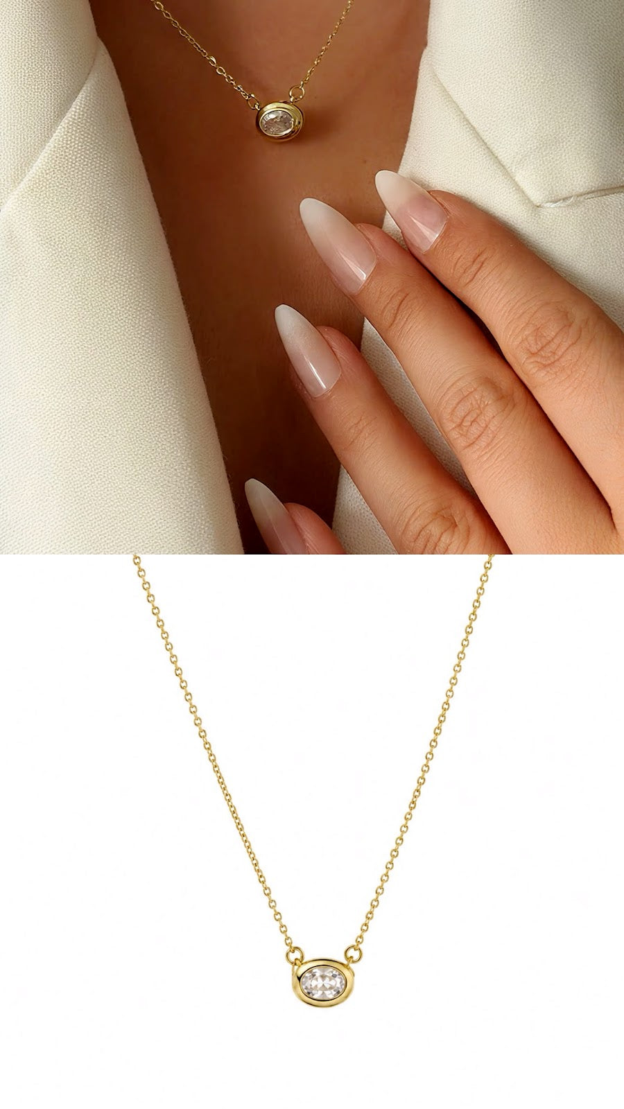 Gold Solitaire Bezel Set Oval CZ Pendant Necklace - CW1NKL007 | Wholesale Stainless Steel Jewelry Catwalk Jewellery Europe