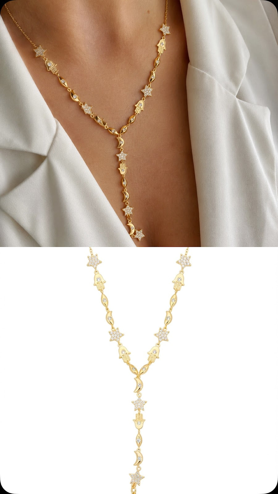 18K Gold Plated Stainless Steel Pave CZ Star Hamsa Hand Crescent Moon Y Necklace Wholesale - CW1NKL00173 | Wholesale Stainless Steel Jewelry Catwalk Jewellery Europe