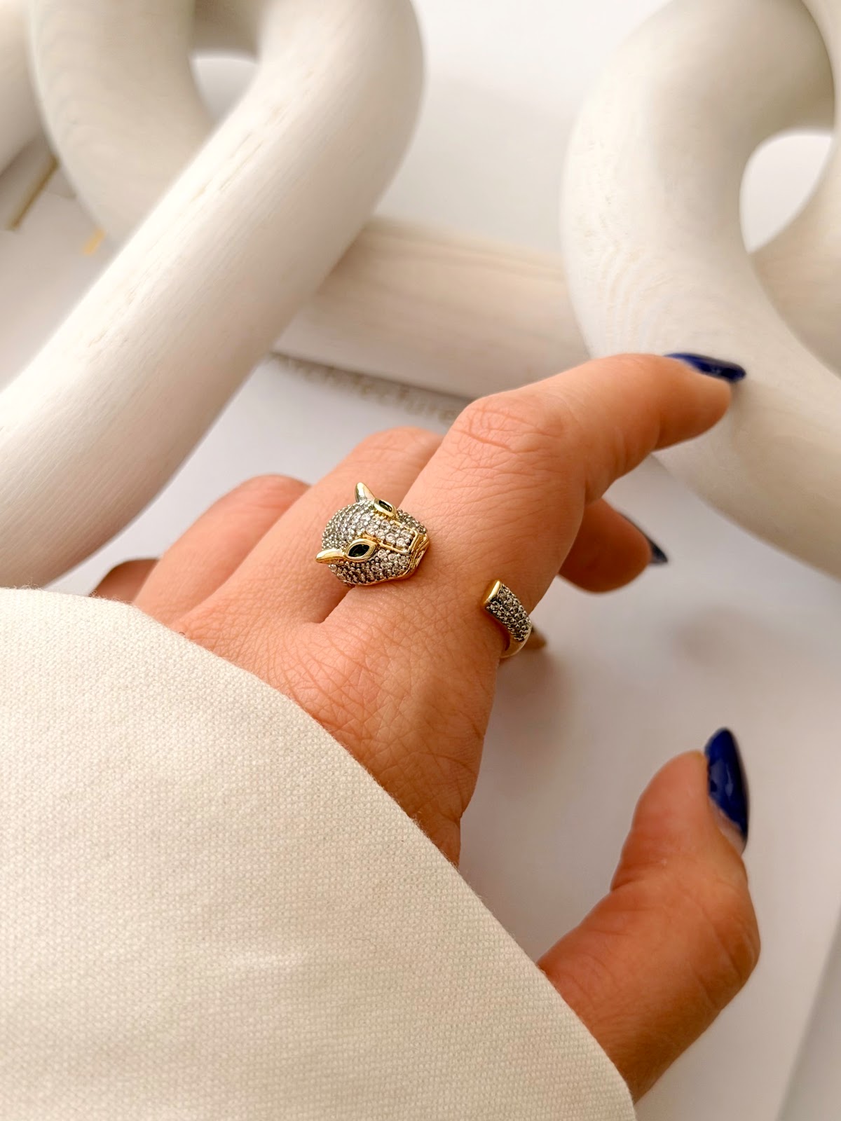 Gold CZ Pave Panther Head Open Ring Alternate Angle - CW1RING00109 | Wholesale Stainless Steel Jewelry Catwalk Jewellery Europe