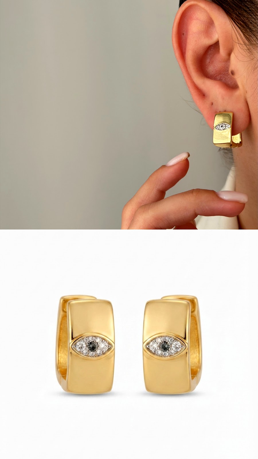 Gold CZ Pave Evil Eye Wide Huggie Hoop Earrings - CW1VPEARNG00187 | Wholesale Stainless Steel Jewelry Catwalk Jewellery Europe