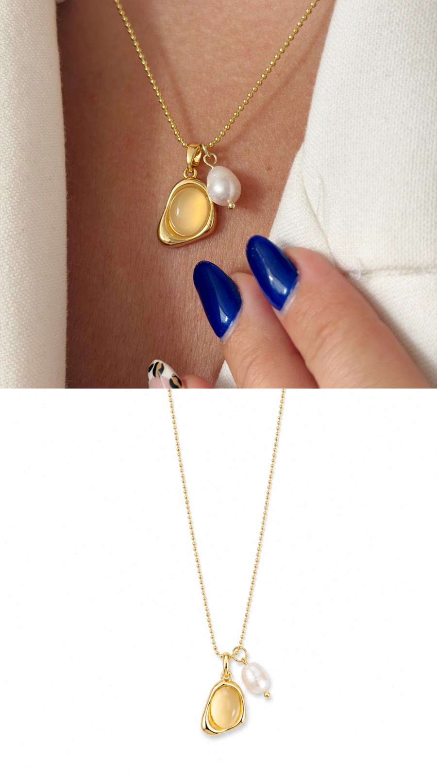 Gold Yellow Cabochon Freshwater Pearl Duo Charm Necklace - CW1NKL0068 | Wholesale Stainless Steel Jewelry Catwalk Jewellery Europe
