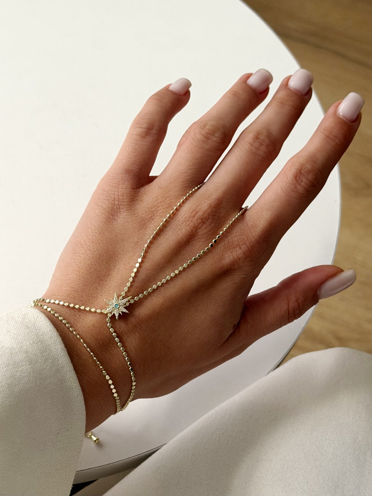 Gold CZ Pave North Star Flat Disc Chain Hand Chain - CW1HANDCHAIN0019 | Wholesale Stainless Steel Jewelry Catwalk Jewellery Europe