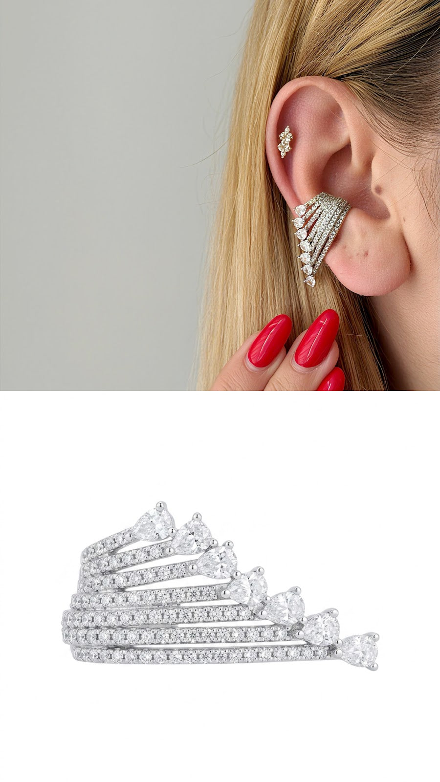 Silver CZ Pave Multi Row Pear Cut Waterfall Ear Cuff - CW1EARCUFF00155 | Wholesale Stainless Steel Jewelry Catwalk Jewellery Europe