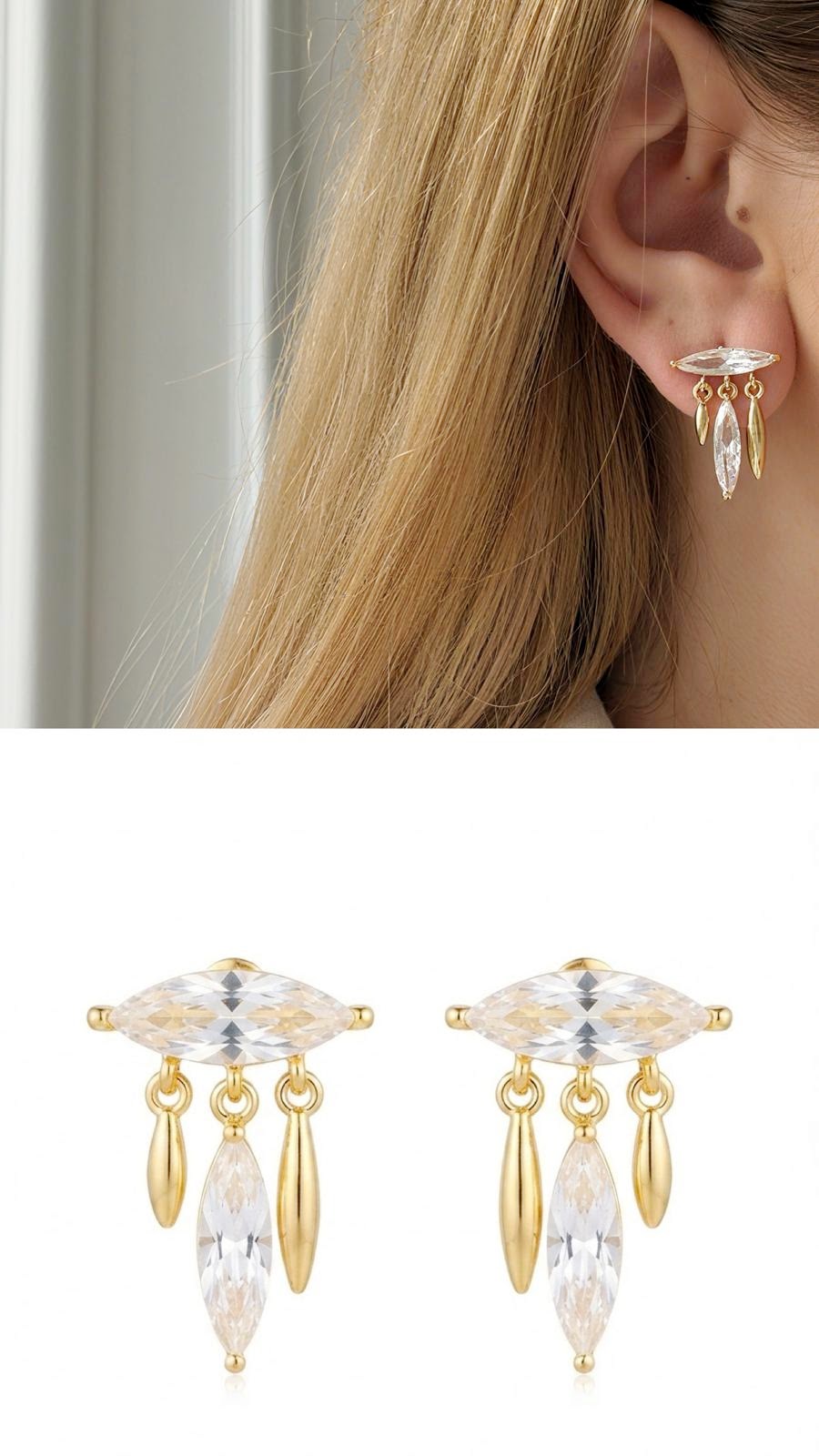 18K Gold Plated Stainless Steel Marquise CZ Chandelier Dangle Stud Earrings Wholesale - CW1VPEARNG00341 | Wholesale Stainless Steel Jewelry Catwalk Jewellery Europe