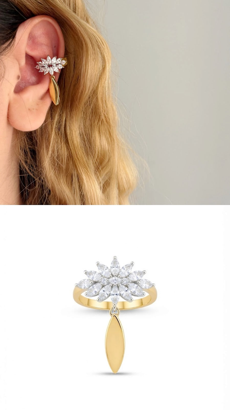 Gold CZ Pave Flower Cluster Dangle Charm Ear Cuff - CW1EARCUFF00139 | Wholesale Stainless Steel Jewelry Catwalk Jewellery Europe