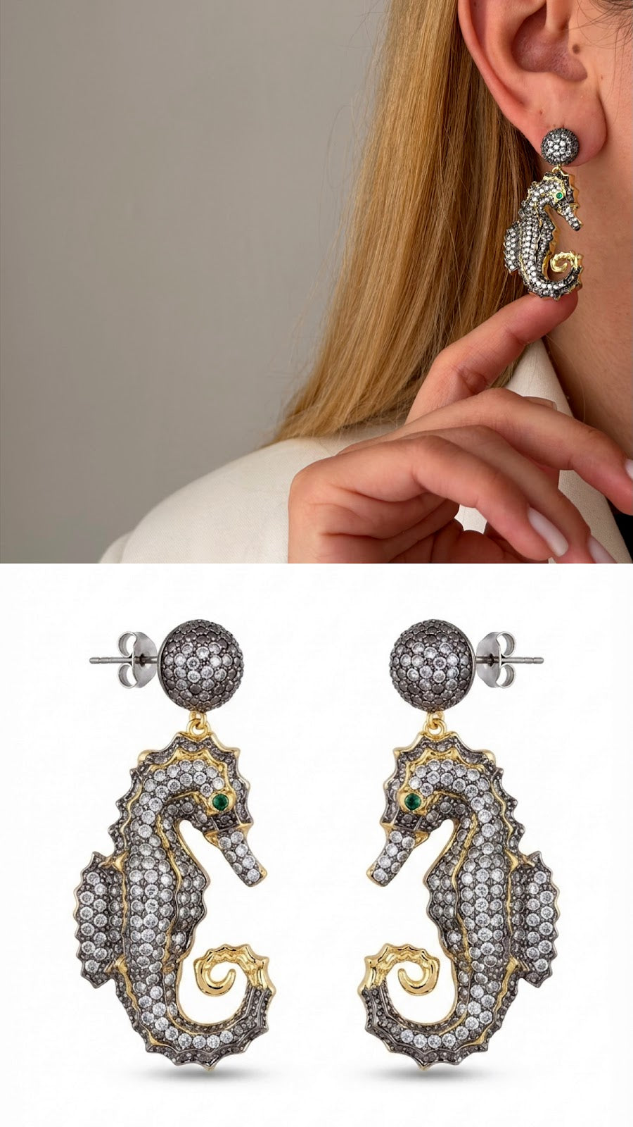Two Tone Sculptural Seahorse Motif CZ Pave Dangle Statement Earrings - CW1VPEARNG00320 | Wholesale Stainless Steel Jewelry Catwalk Jewellery Europe