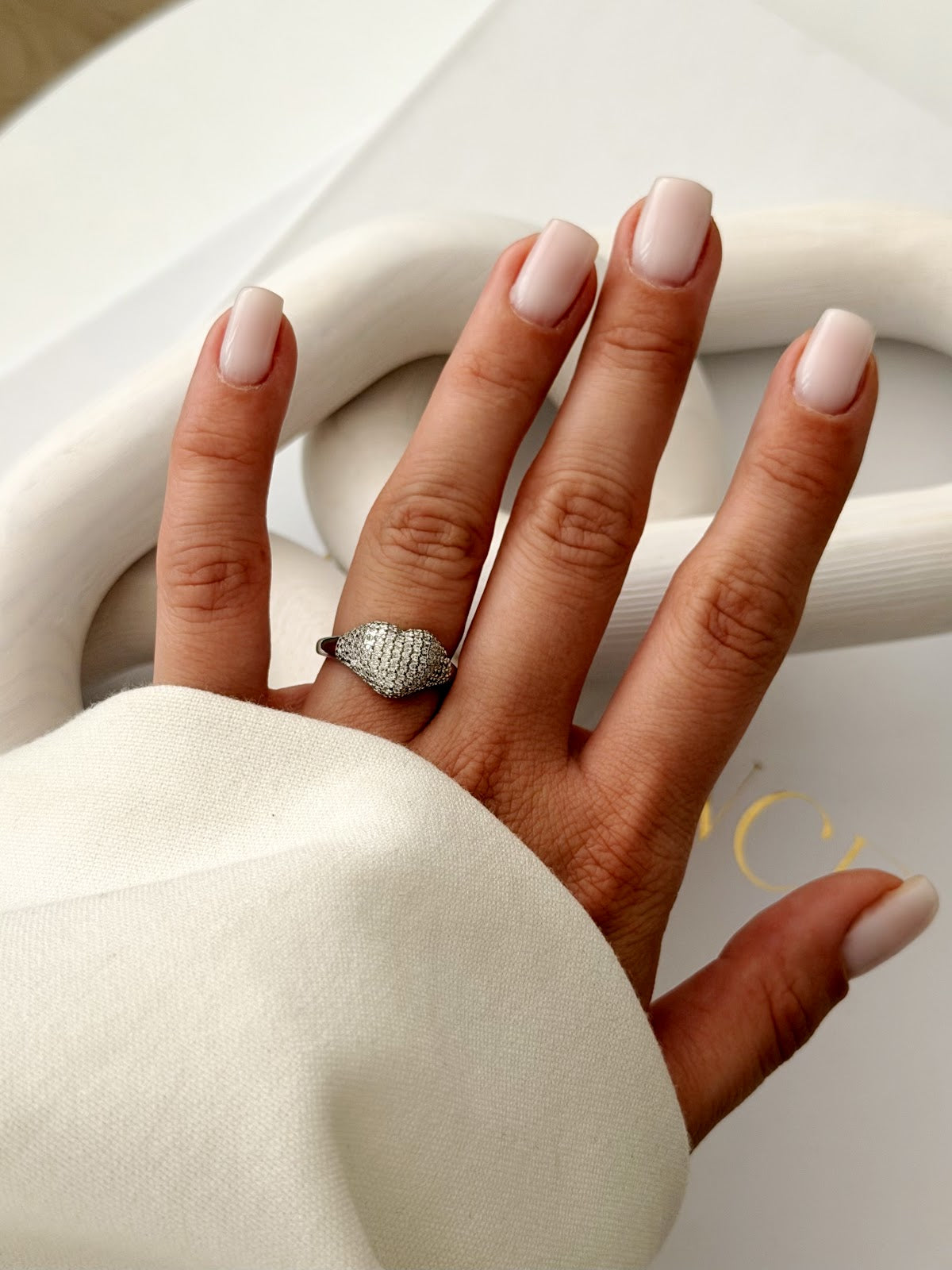 Silver CZ Pave Chunky Heart Dome Signet Ring - CW1RING00101 | Wholesale Stainless Steel Jewelry Catwalk Jewellery Europe