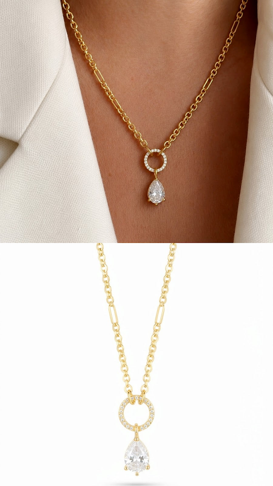 Gold CZ Pave Circle Ring Pear Drop Pendant Necklace - CW1NKL0058 | Wholesale Stainless Steel Jewelry Catwalk Jewellery Europe