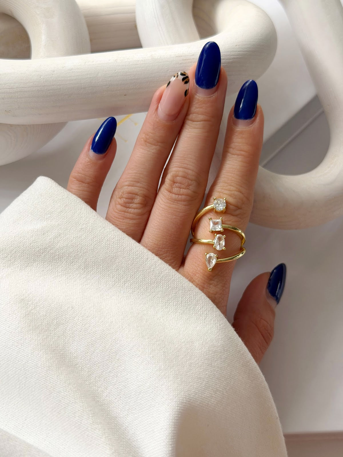 Gold Multi Shape CZ Cluster Spiral Bypass Ring - CW1RING00127 | Wholesale Stainless Steel Jewelry Catwalk Jewellery Europe