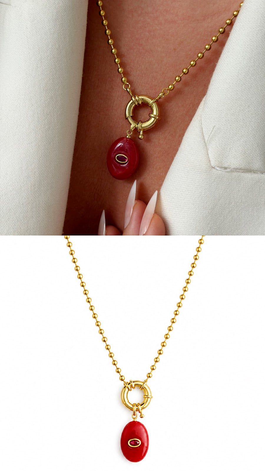 18K Gold Plated Stainless Steel Red Oval Resin CZ Mariner Clasp Ball Chain Necklace Wholesale - CW1NKL00169 | Wholesale Stainless Steel Jewelry Catwalk Jewellery Europe