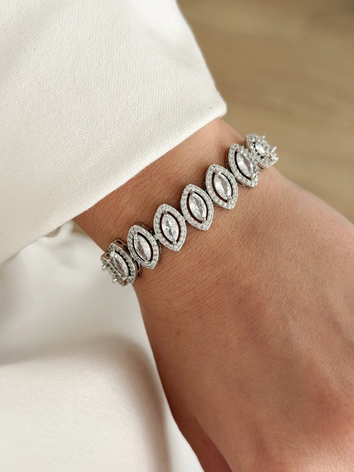 Silver Marquise Cut CZ Double Halo Link Bracelet - CW1VPBRCLT00239 | Wholesale Stainless Steel Jewelry Catwalk Jewellery Europe
