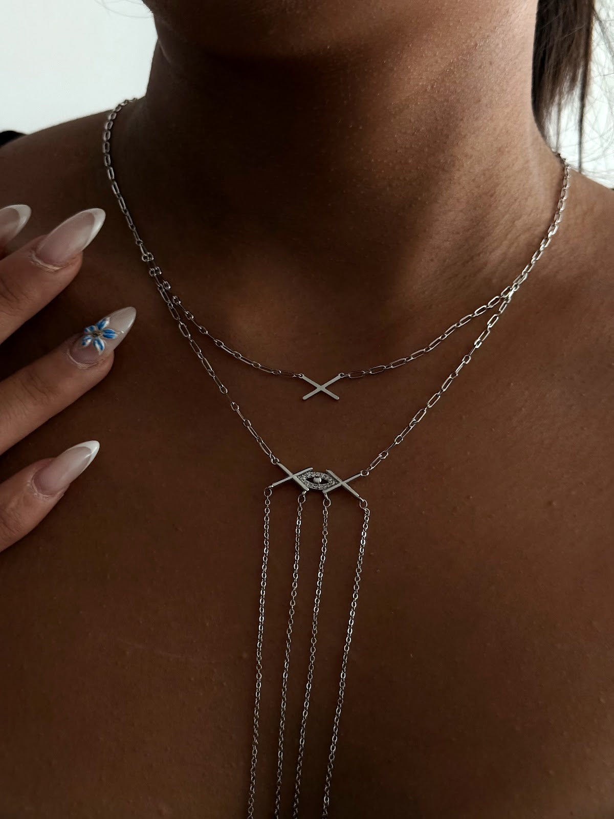 Silver CZ Pave Geometric X Evil Eye Multi Chain Fringe Layered Y Necklace - CW1YNECKLACE0015 | Wholesale Stainless Steel Jewelry Catwalk Jewellery Europe