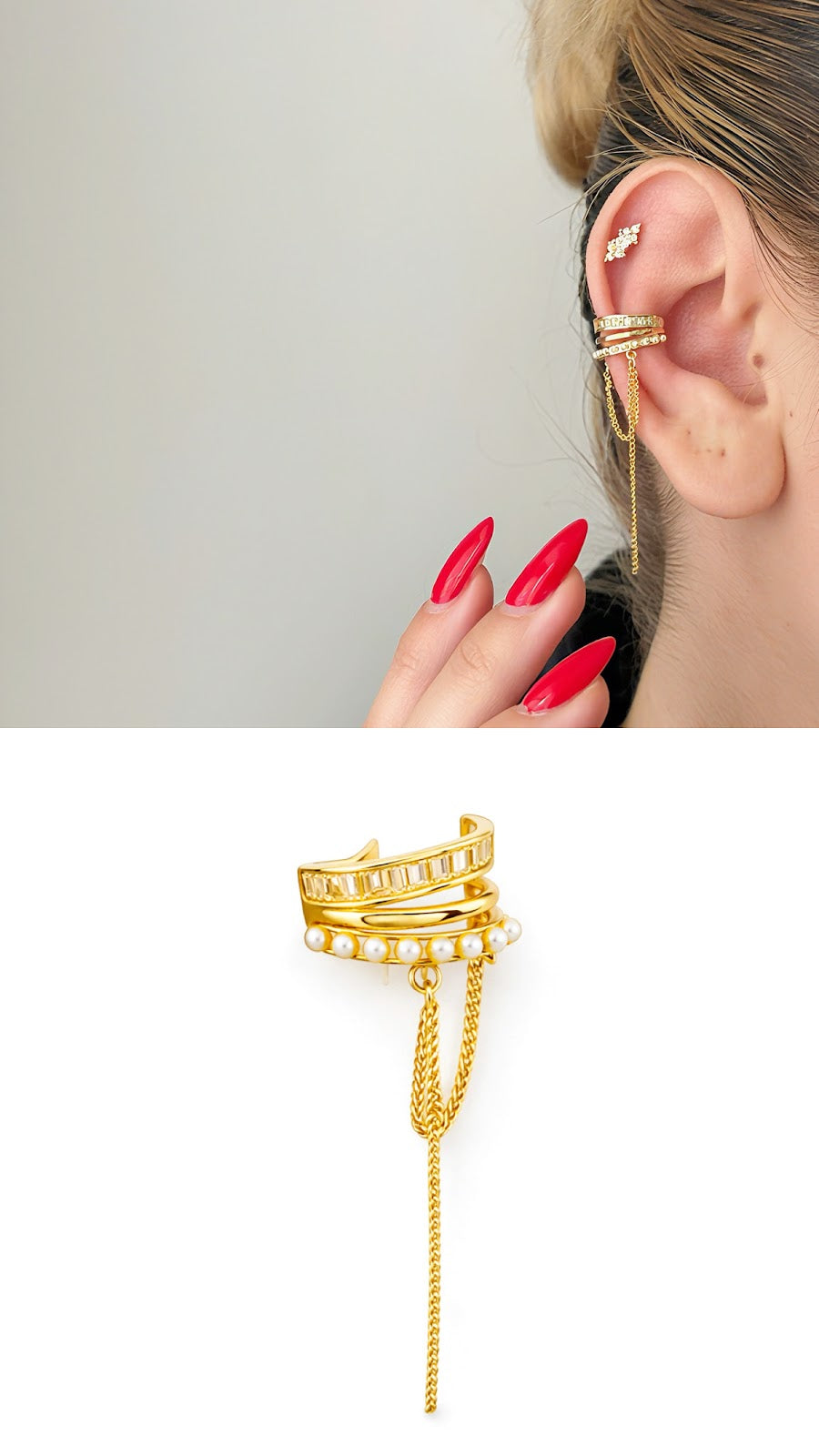 Gold Pearl And Baguette CZ Dangle Chain Ear Cuff - CW1EARCUFF0012 | Wholesale Stainless Steel Jewelry Catwalk Jewellery Europe