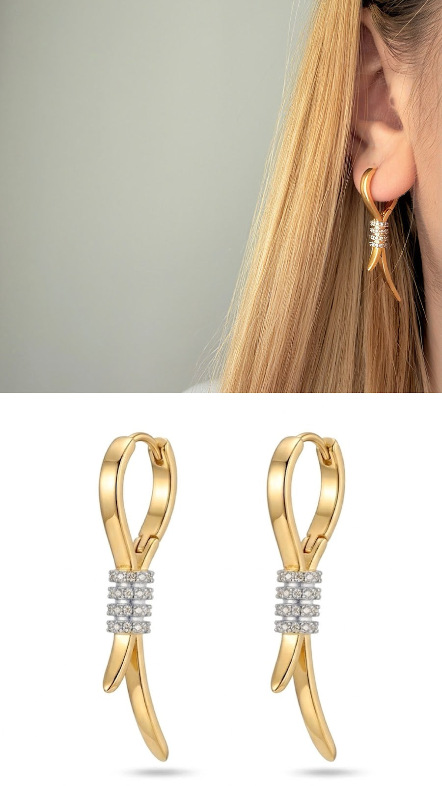 Gold CZ Pave Tied Knot Ribbon Dangle Earrings - CW1VPEARNG00148 | Wholesale Stainless Steel Jewelry Catwalk Jewellery Europe