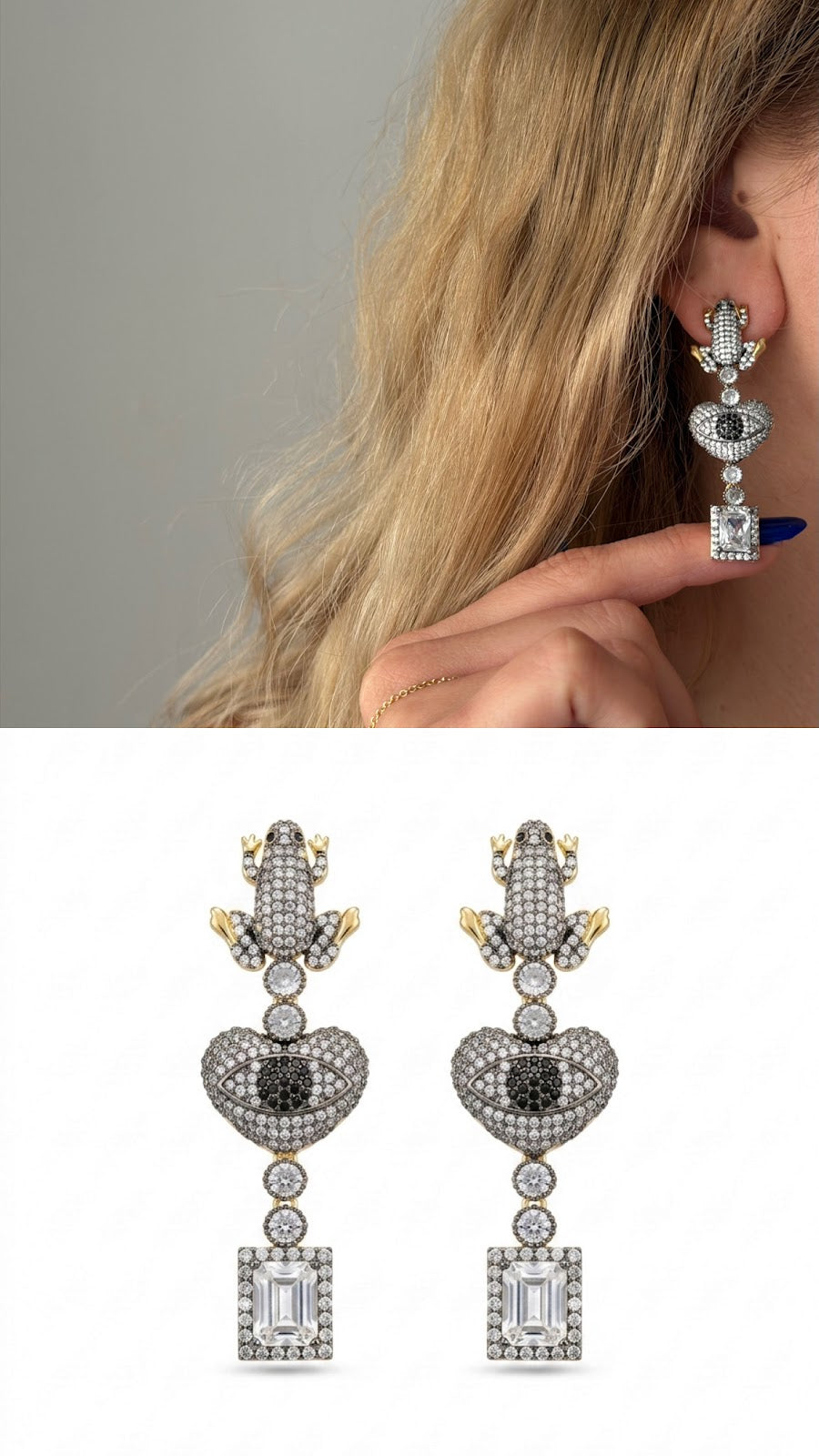 Two Tone Sculptural Frog Motif CZ Pave Heart Evil Eye Dangle Statement Earrings - CW1VPEARNG00322 | Wholesale Stainless Steel Jewelry Catwalk Jewellery Europe