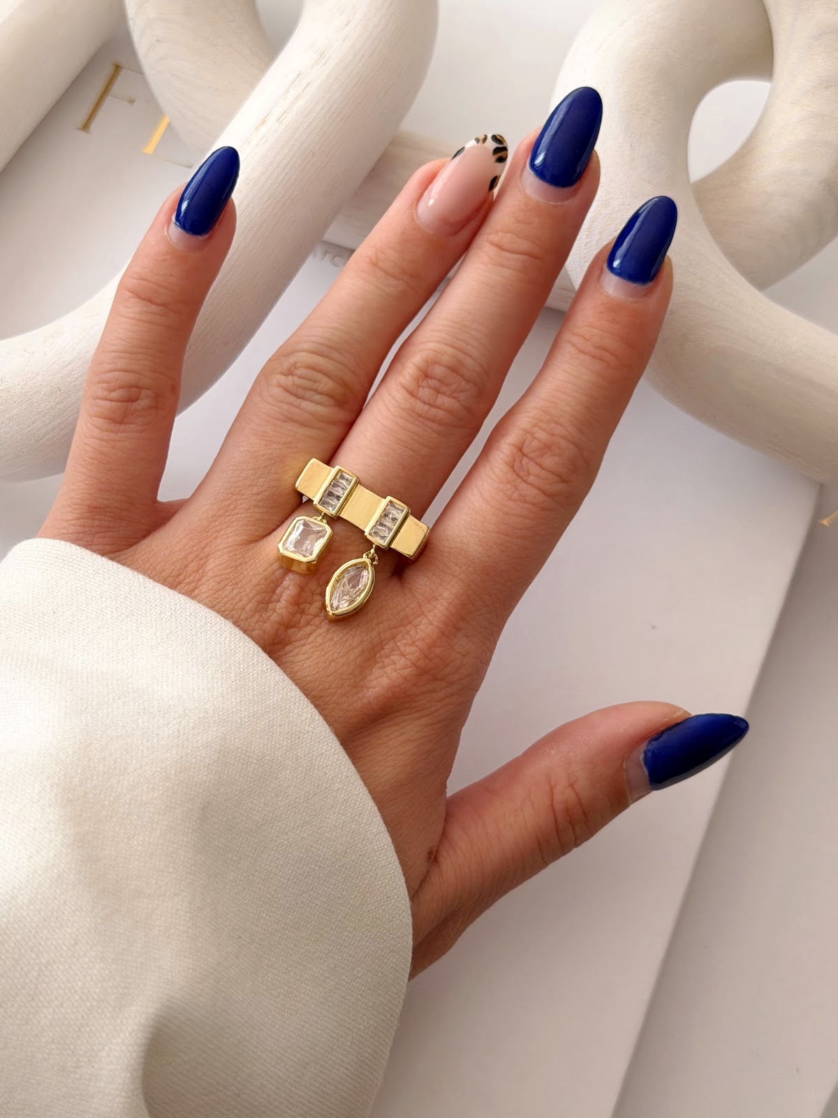 Gold Dangle Emerald And Marquise CZ Wide Band Ring - CW1RING00112 | Wholesale Stainless Steel Jewelry Catwalk Jewellery Europe