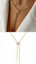 Gold CZ Baguette Pink Slider Bead Y Lariat Bar Chain Necklace - CW1NKL00125 | Wholesale Stainless Steel Jewelry Catwalk Jewellery Europe