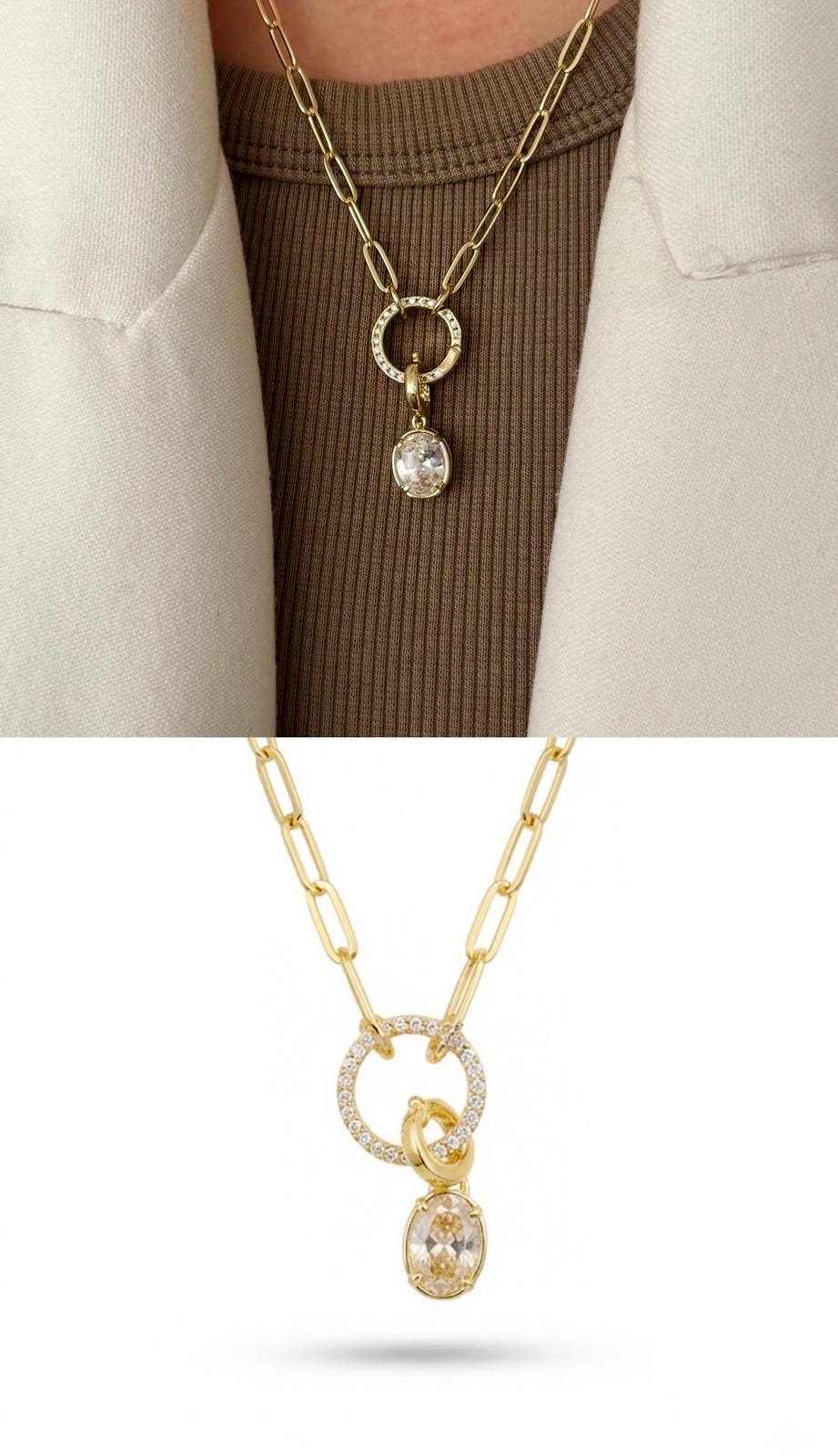 Gold CZ Pave Circle Ring Oval Solitaire Drop Necklace - CW1NKL0082 | Wholesale Stainless Steel Jewelry Catwalk Jewellery Europe