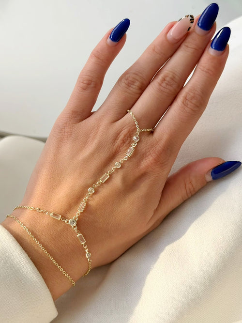 Gold Alternating Baguette Round CZ Pave Station Hand Chain - CW1HANDCHAIN0067 | Wholesale Stainless Steel Jewelry Catwalk Jewellery Europe
