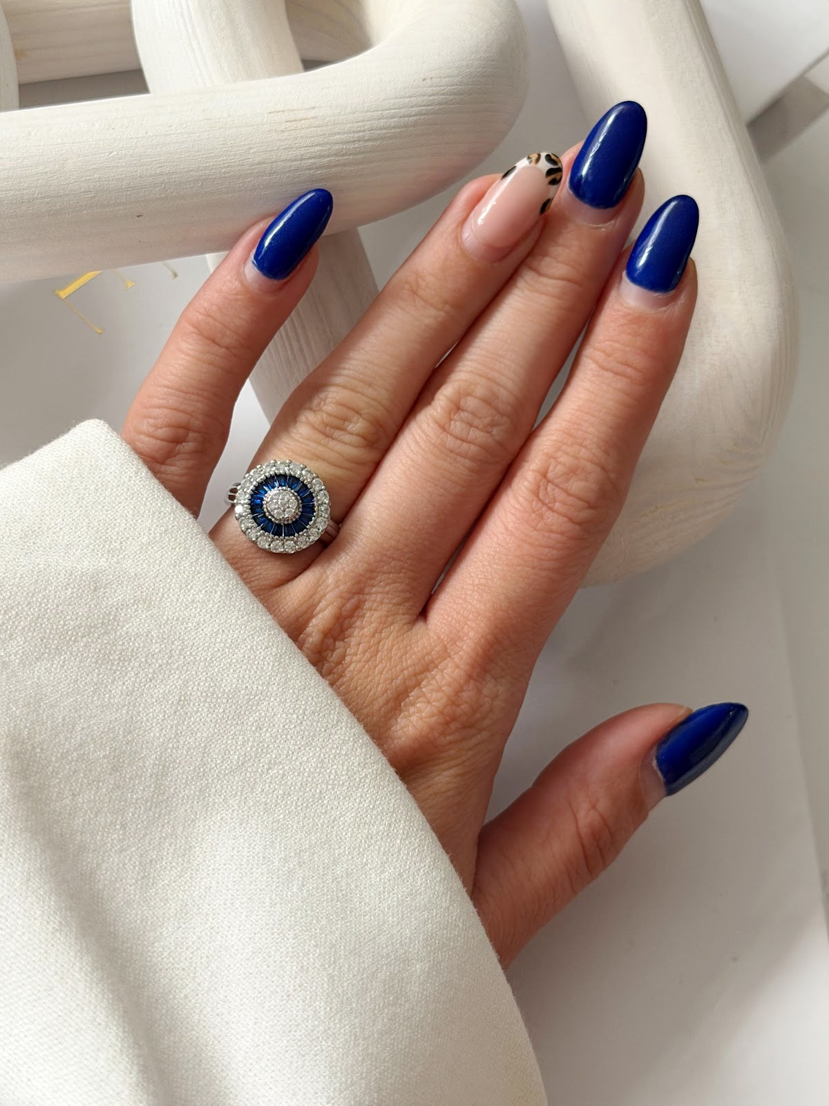 Silver Sapphire Blue And CZ Pave Sunburst Halo Ring - CW1RING00129 | Wholesale Stainless Steel Jewelry Catwalk Jewellery Europe