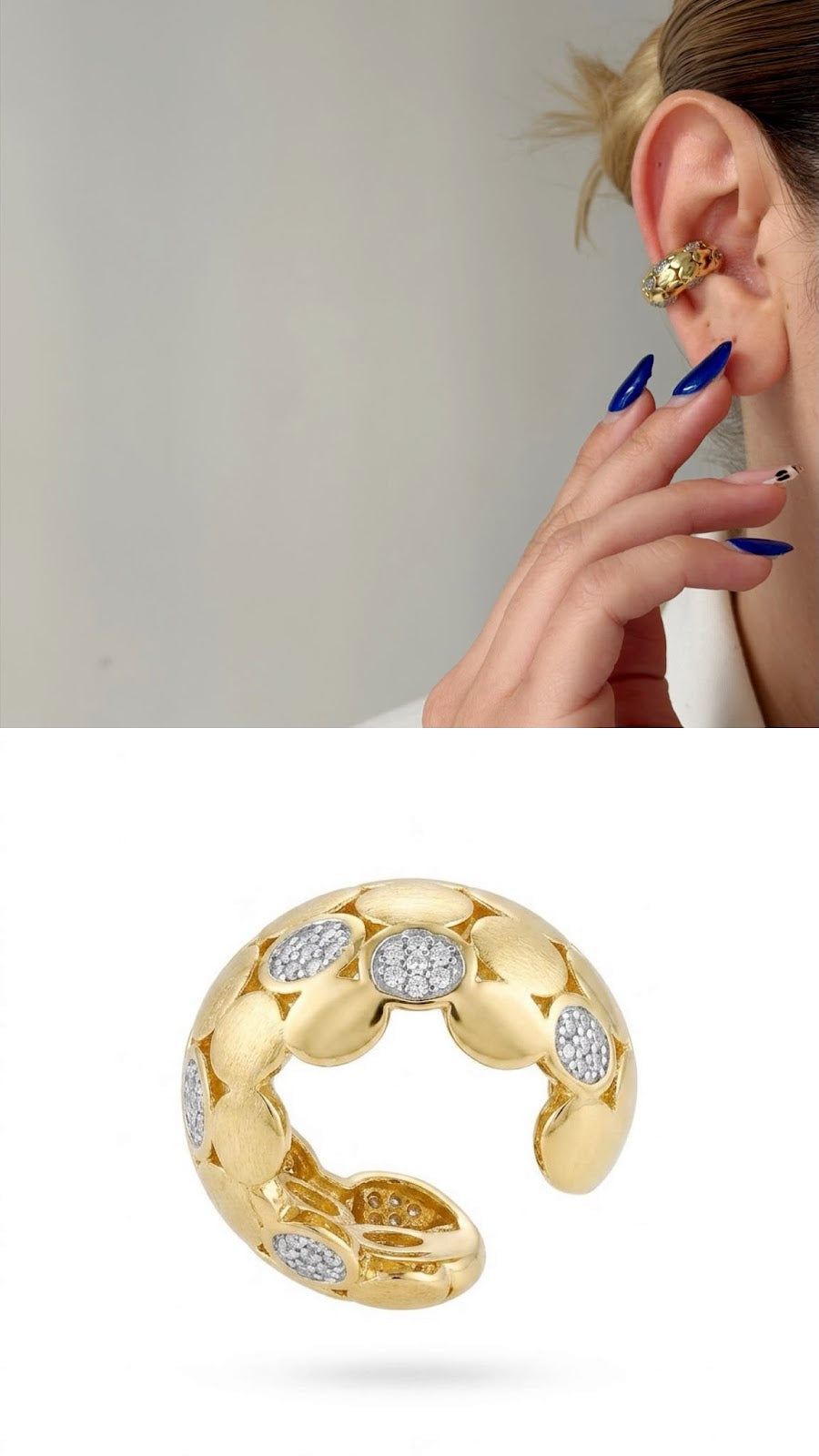 Gold CZ Pave Textured Circle Pattern Ear Cuff - CW1EARCUFF00135 | Wholesale Stainless Steel Jewelry Catwalk Jewellery Europe